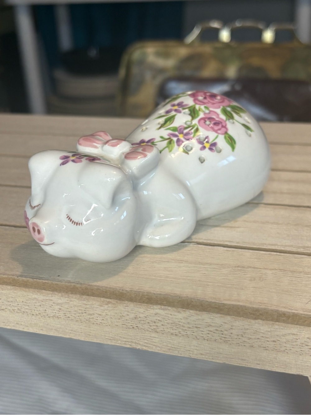 Vintage Ceramic Sleeping Pig Figurine with Pink Floral Bow - Pot Pourri Holder